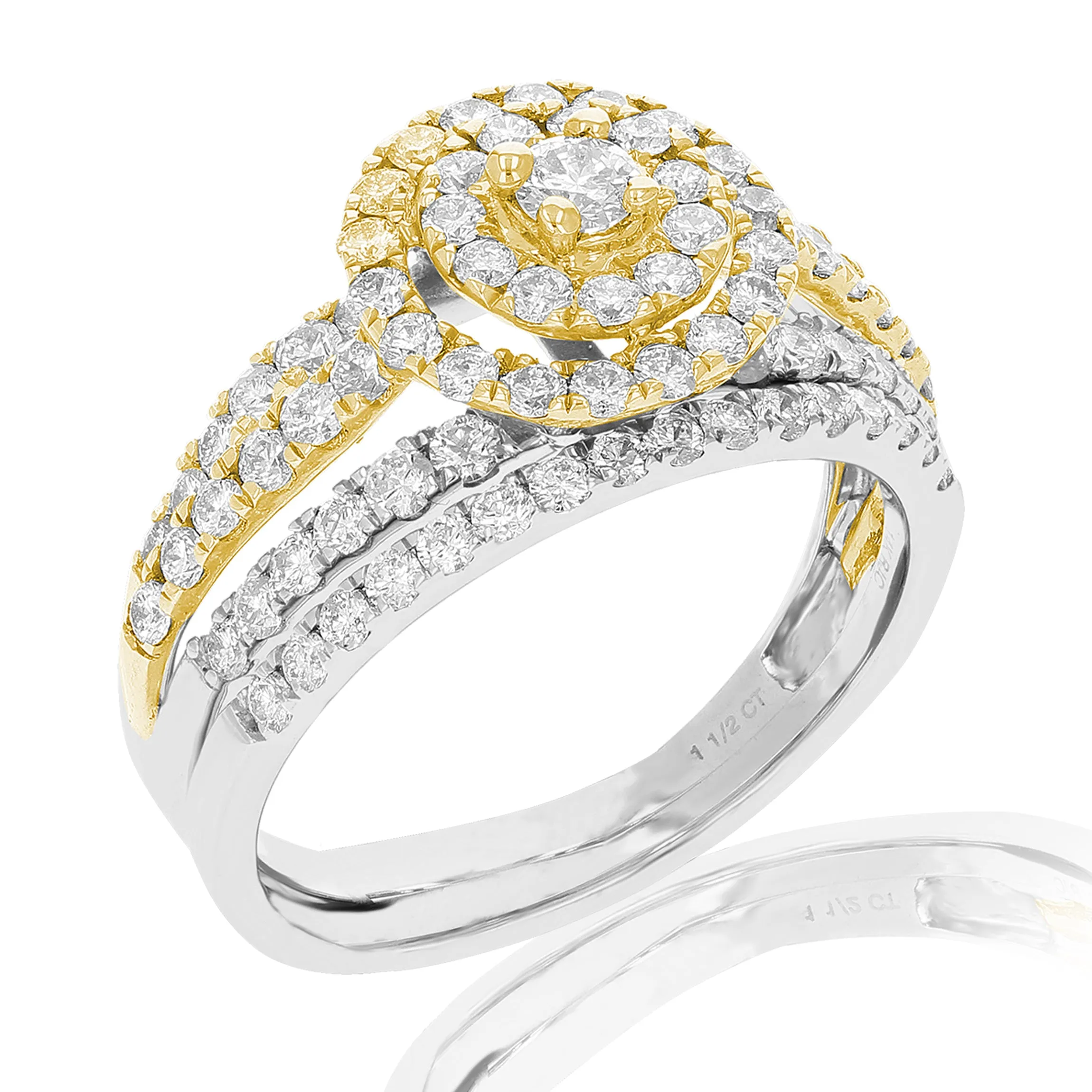 1 1/2 cttw Diamond Wedding Engagement Ring Set 14K White Yellow Gold Halo