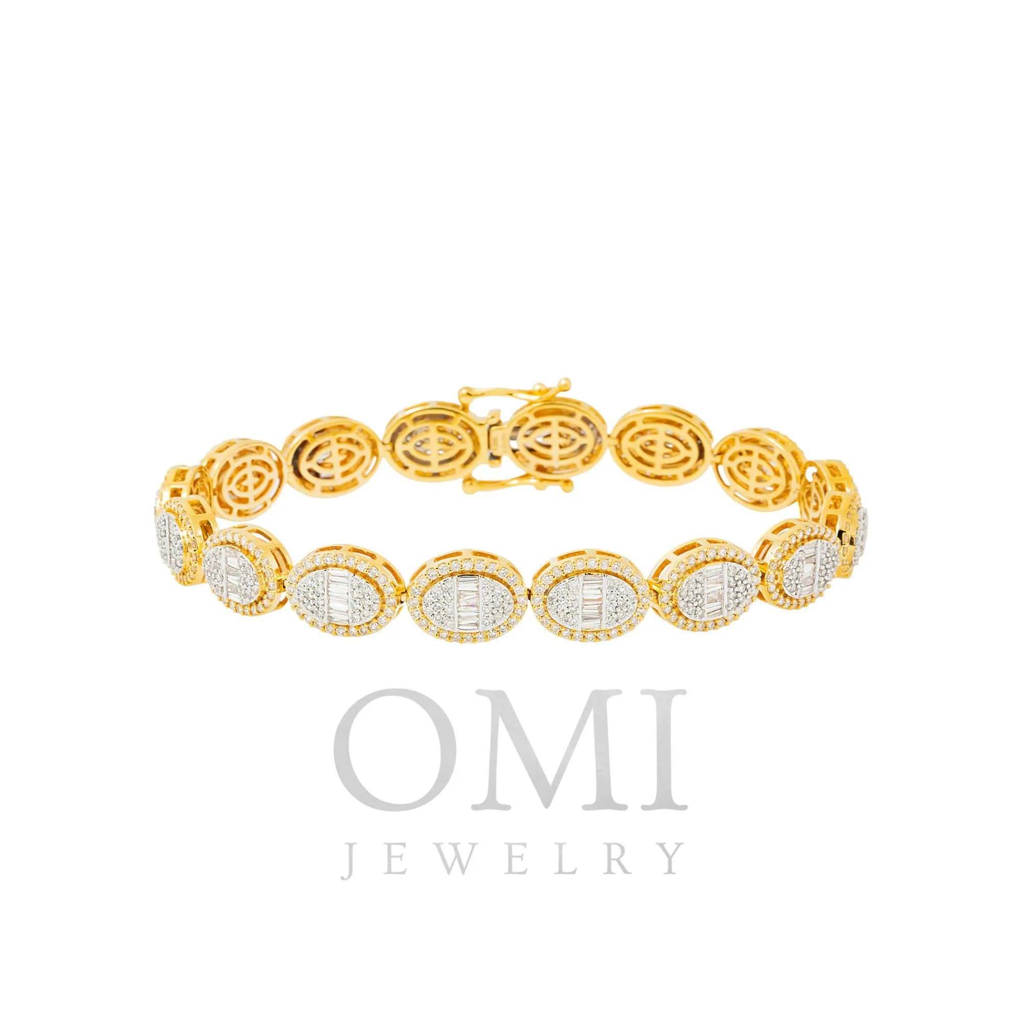 10K GOLD BAGUETTE AND ROUND DIAMONDS CLUSTER OVAL SHAPE STATEMENT BRACELET 5.94 CT