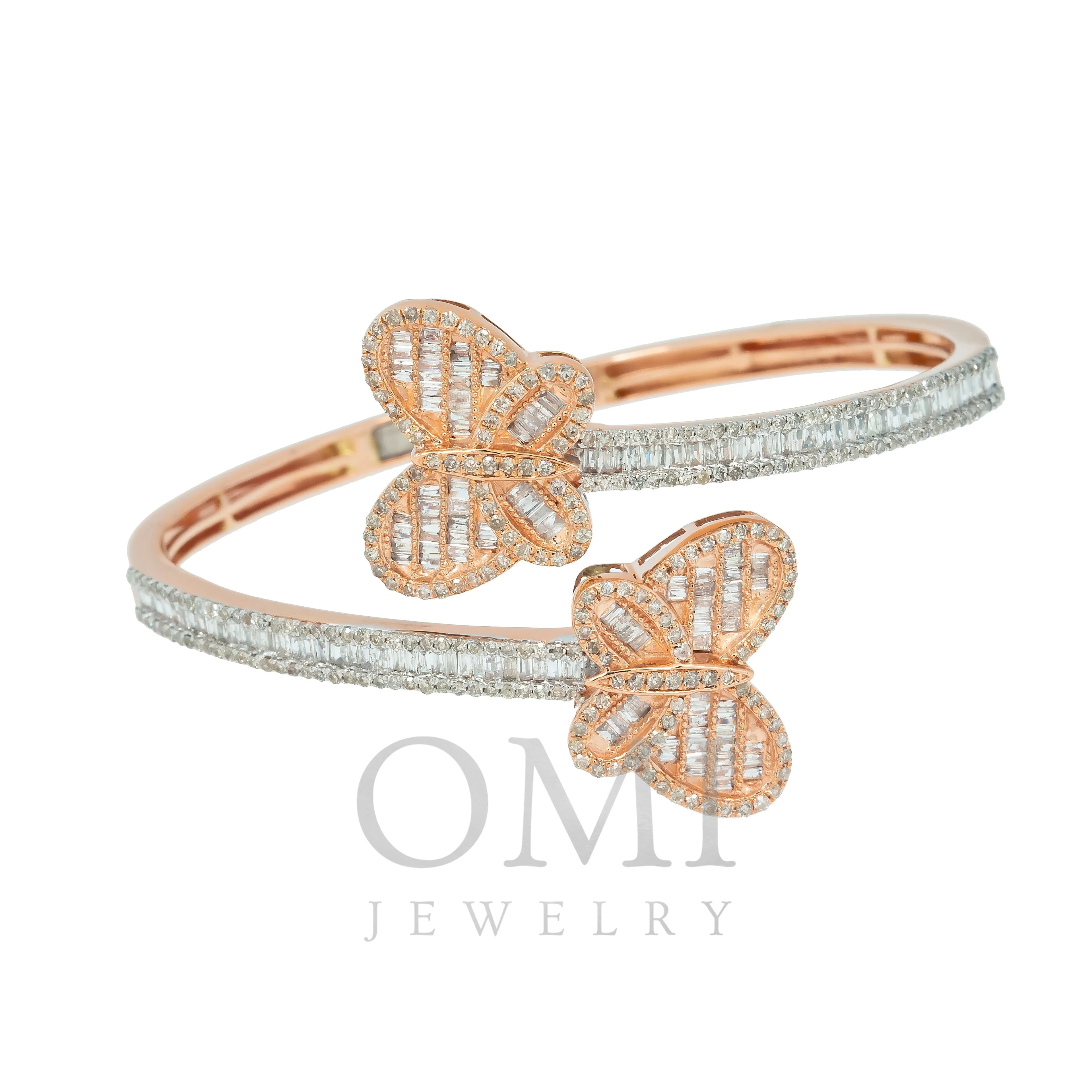 14K GOLD BAGUETTE DIAMONDS OPEN BUTTERFLY BANGLE 2.86 CT