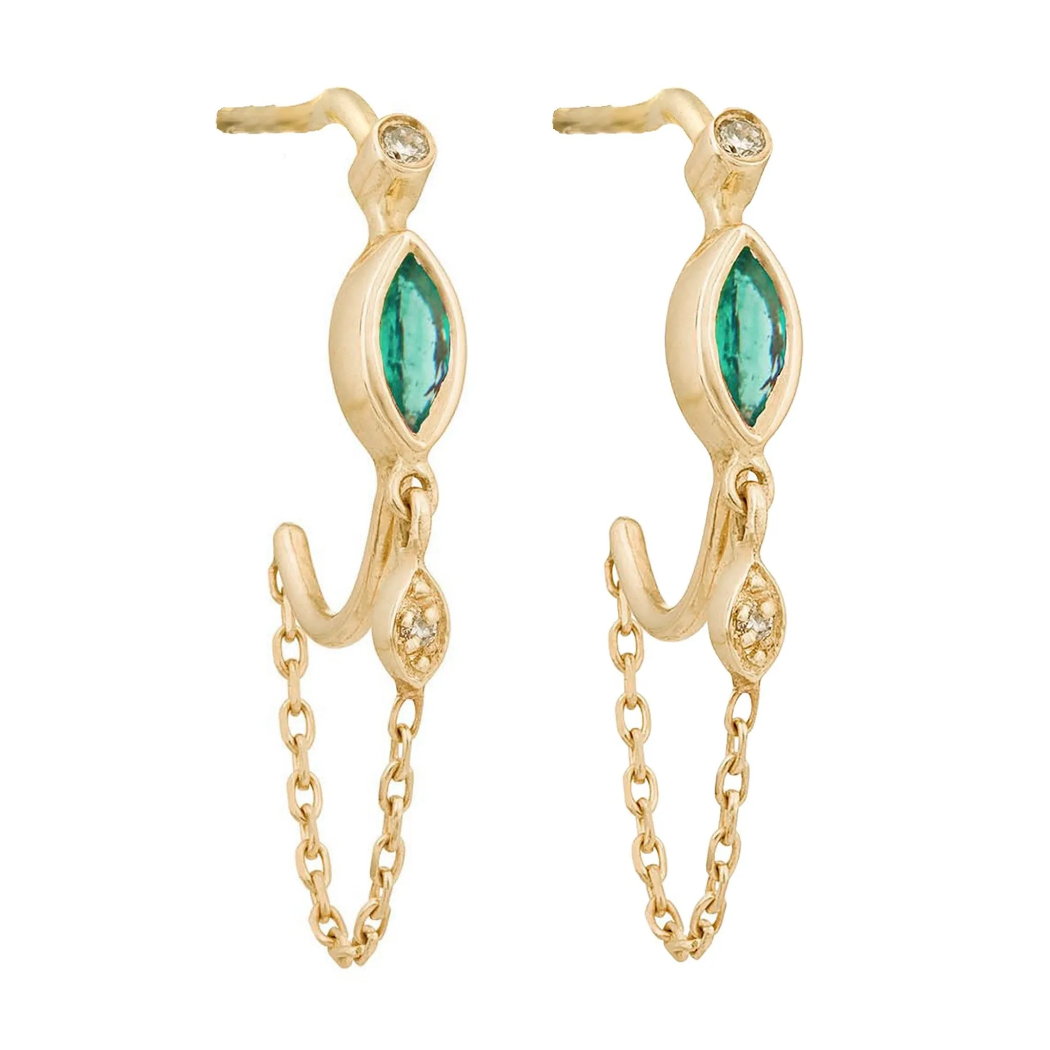 14K Gold Bezel-Set Marquise Emerald Hoop Earrings with Chain Drop