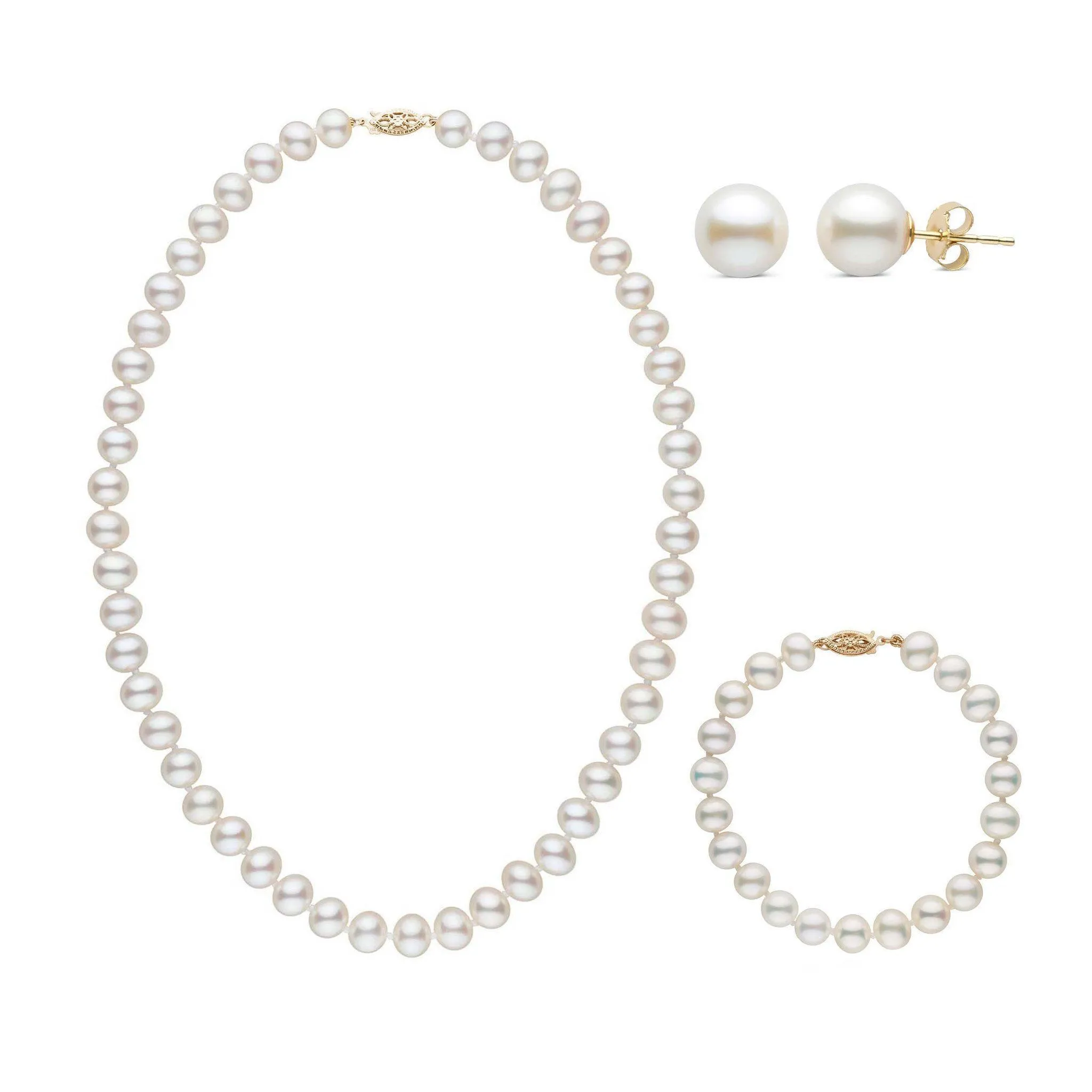 16 Inch 3 Piece Set of 7.5-8.0 mm AA  White Freshwater Pearls