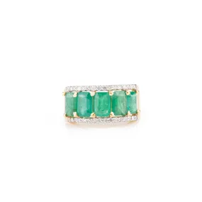 18k Gold Five Stone Emerald Diamond Engagement Band Ring