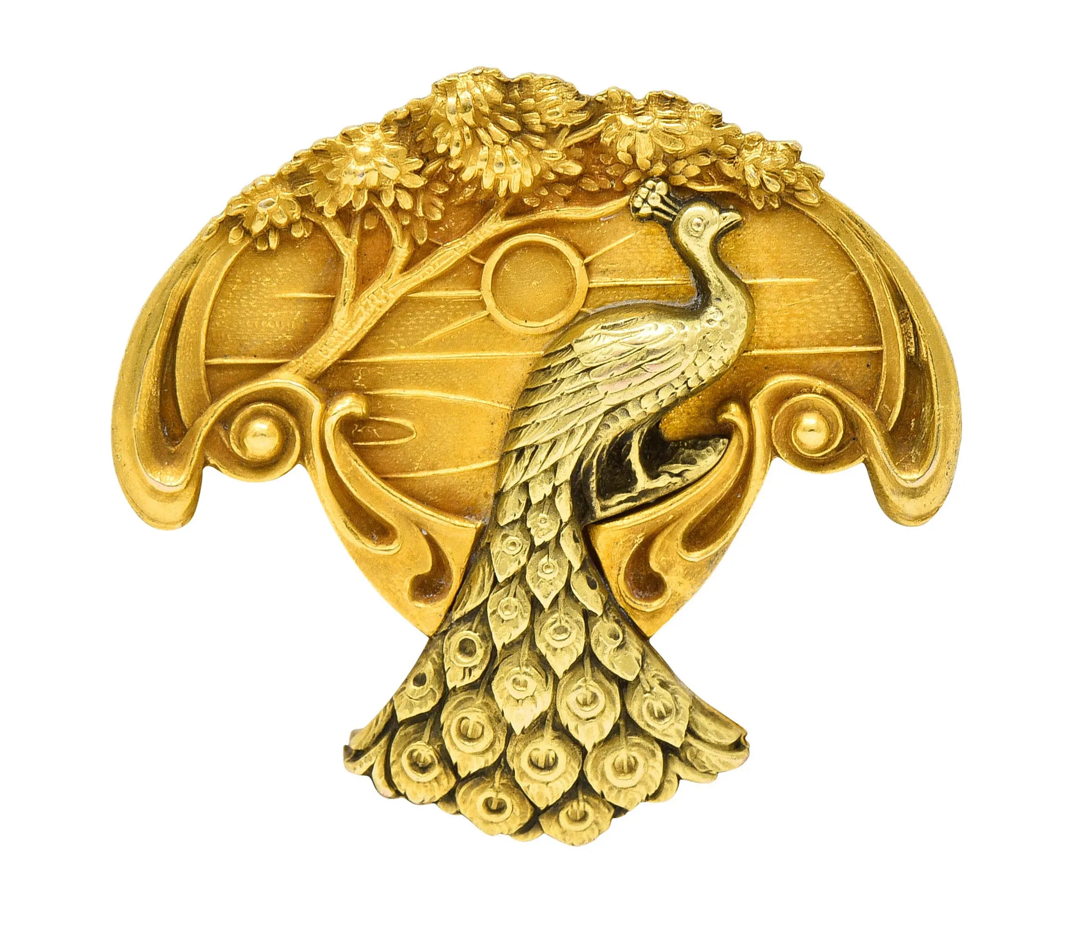 1900 Art Nouveau 14 Karat Two Tone Gold Peacock Brooch