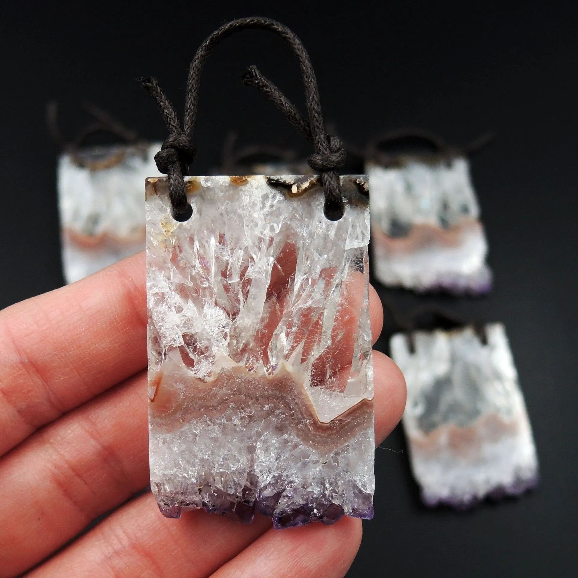 2 Hole Pendant Amethyst Stalactite Pendant Drilled Stalactite Flat Slice Long Rectangle Natural Gemstone Pendant Bead Good For Leather P1594