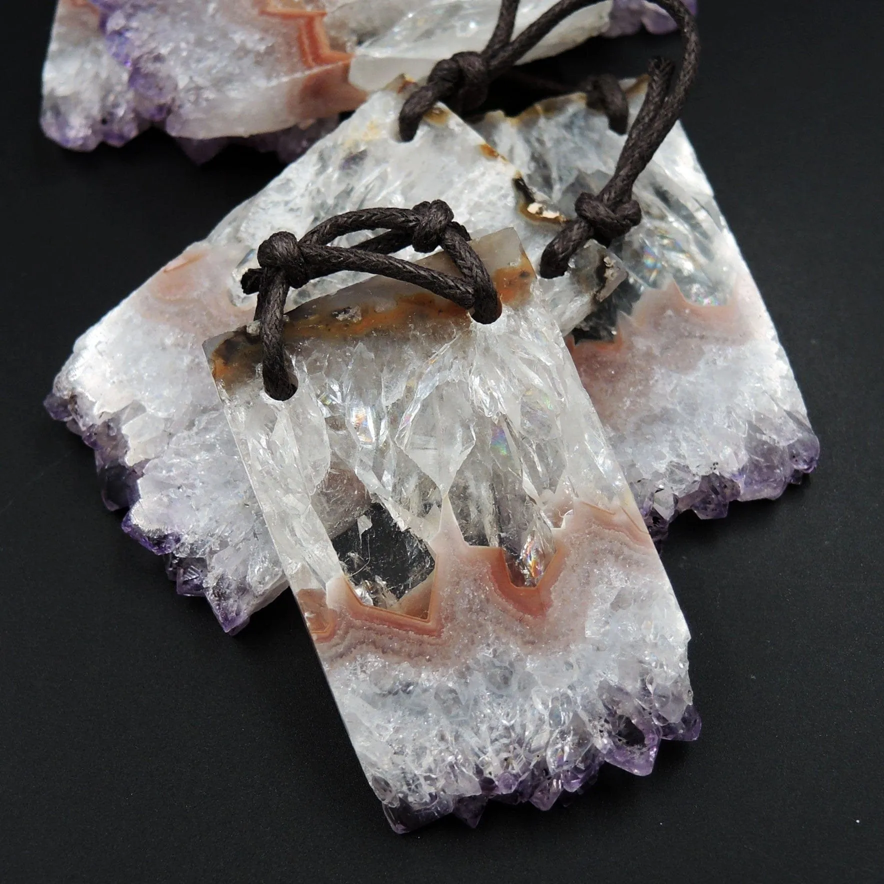 2 Hole Pendant Amethyst Stalactite Pendant Drilled Stalactite Flat Slice Long Rectangle Natural Gemstone Pendant Bead Good For Leather P1594