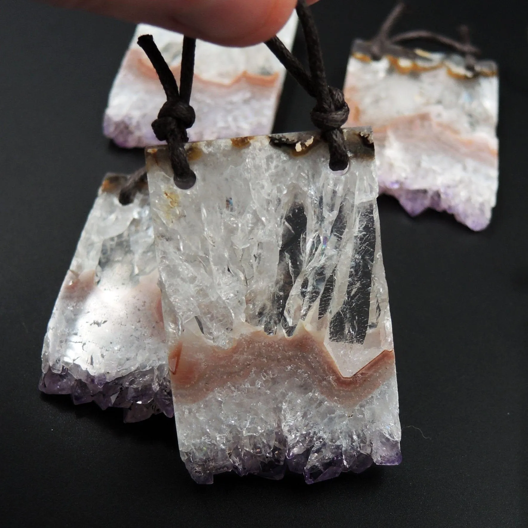 2 Hole Pendant Amethyst Stalactite Pendant Drilled Stalactite Flat Slice Long Rectangle Natural Gemstone Pendant Bead Good For Leather P1594