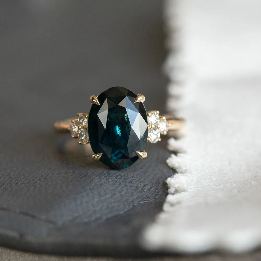 4.41ct Deep Midnight Blue Montana Sapphire and Diamond Evergreen Cluster Ring in 14k Yellow Gold