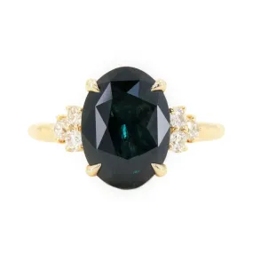 4.41ct Deep Midnight Blue Montana Sapphire and Diamond Evergreen Cluster Ring in 14k Yellow Gold