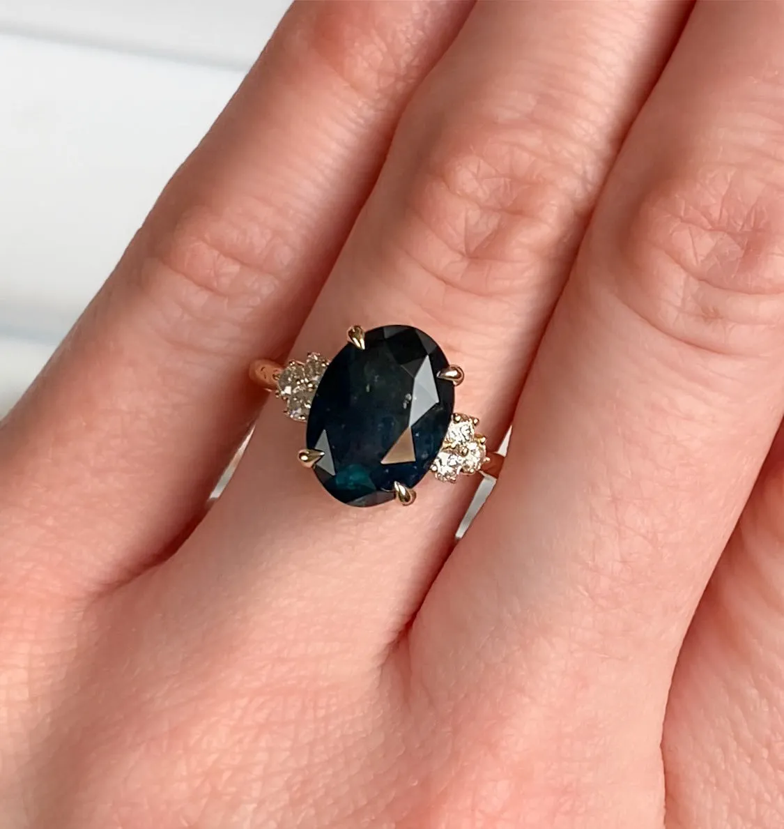 4.41ct Deep Midnight Blue Montana Sapphire and Diamond Evergreen Cluster Ring in 14k Yellow Gold