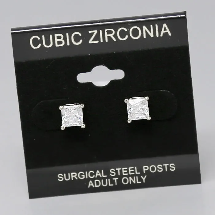 6 MM Square Cubic Zirconia Stud Earrings