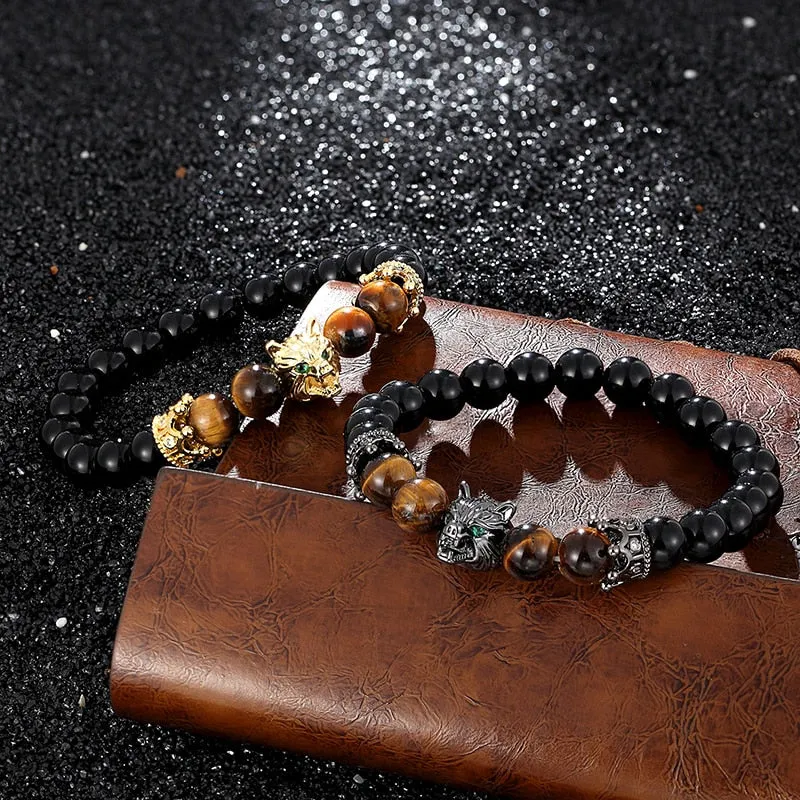 8mm Black Onyx Tiger-Eye Crown Wolf Bead Bracelet