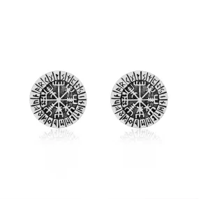 925 Sterling Silver Vegvisir and Runes Stud Earrings