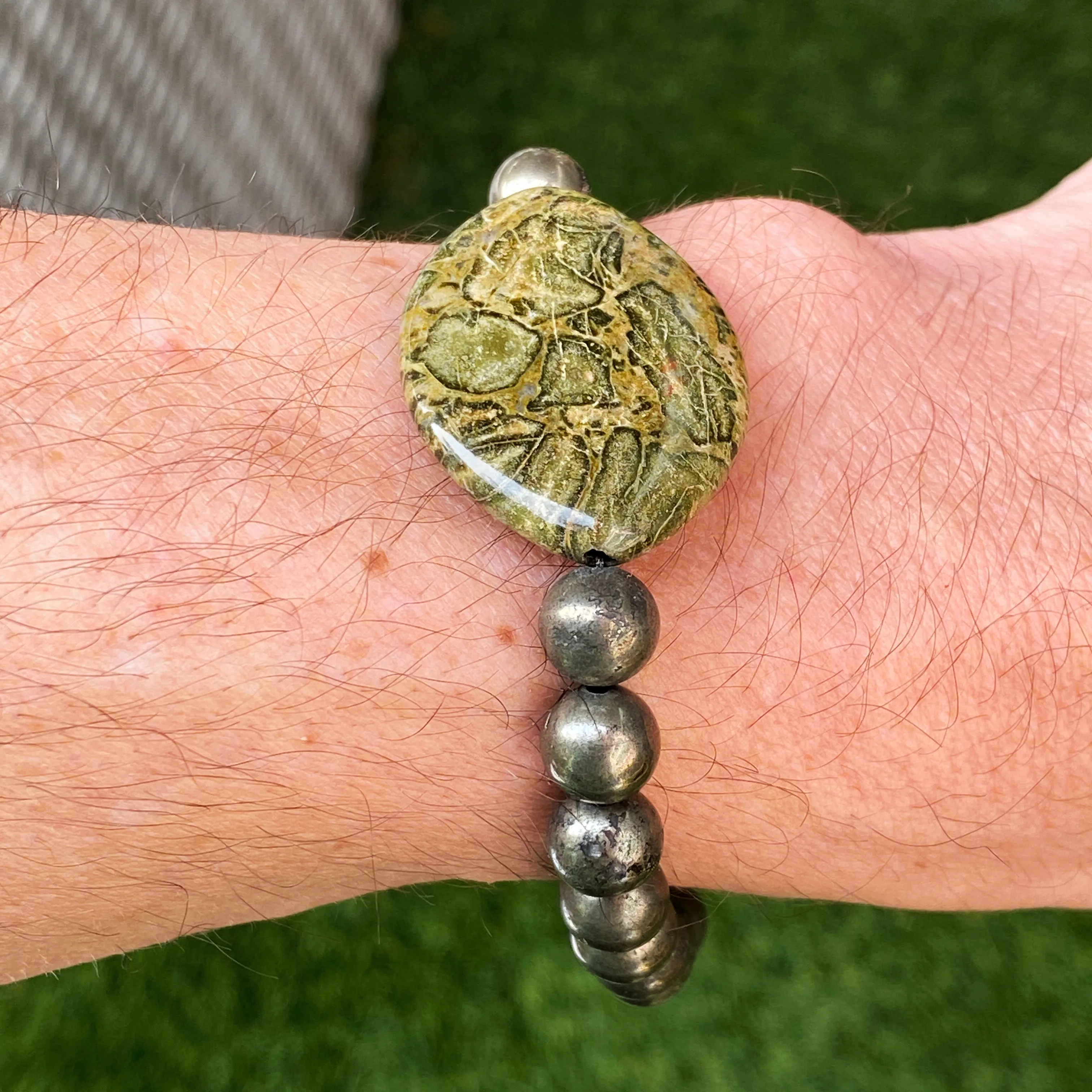 African Green Breciated Jasper Gemstone, Pyrite, Fluorite Stretch Bracelet