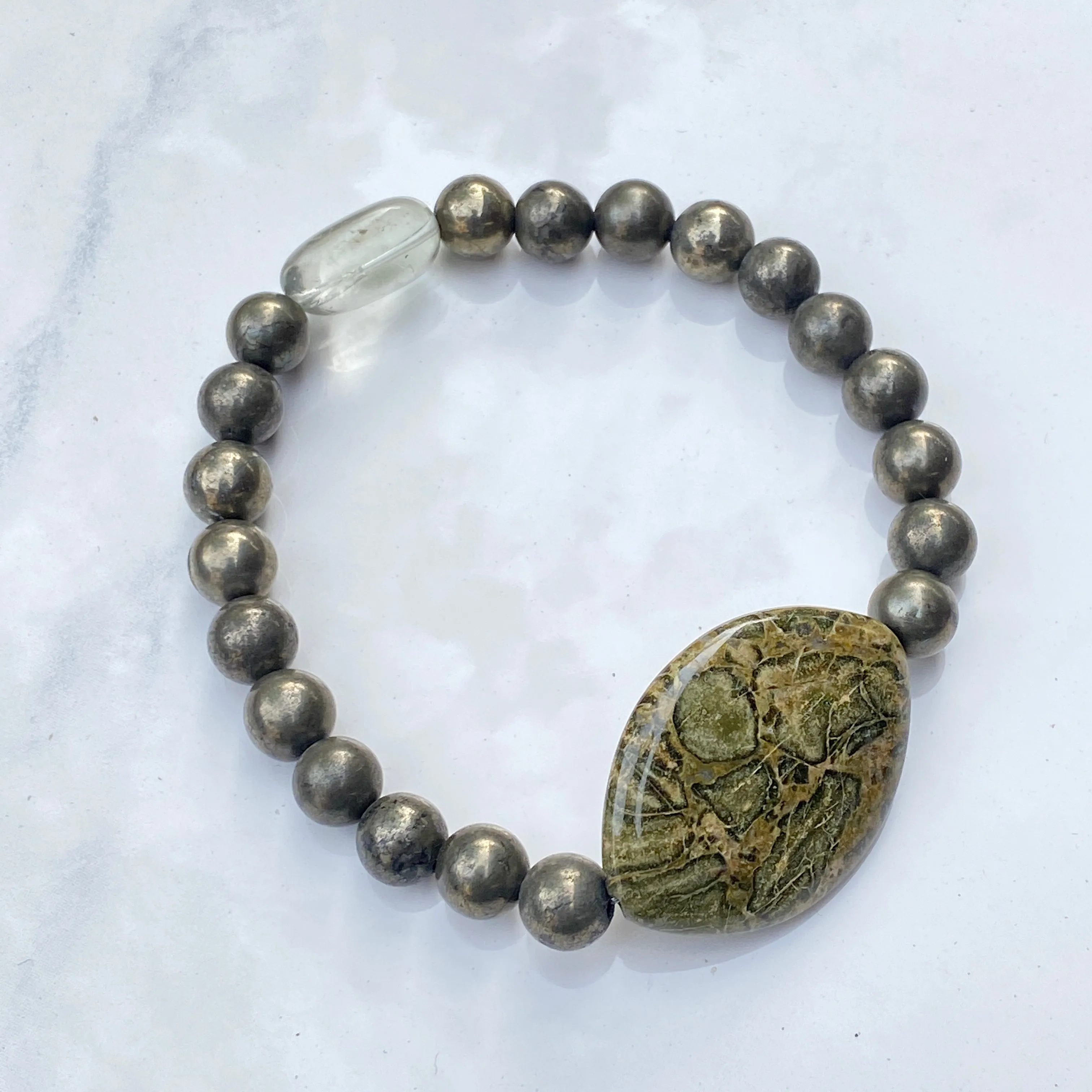 African Green Breciated Jasper Gemstone, Pyrite, Fluorite Stretch Bracelet