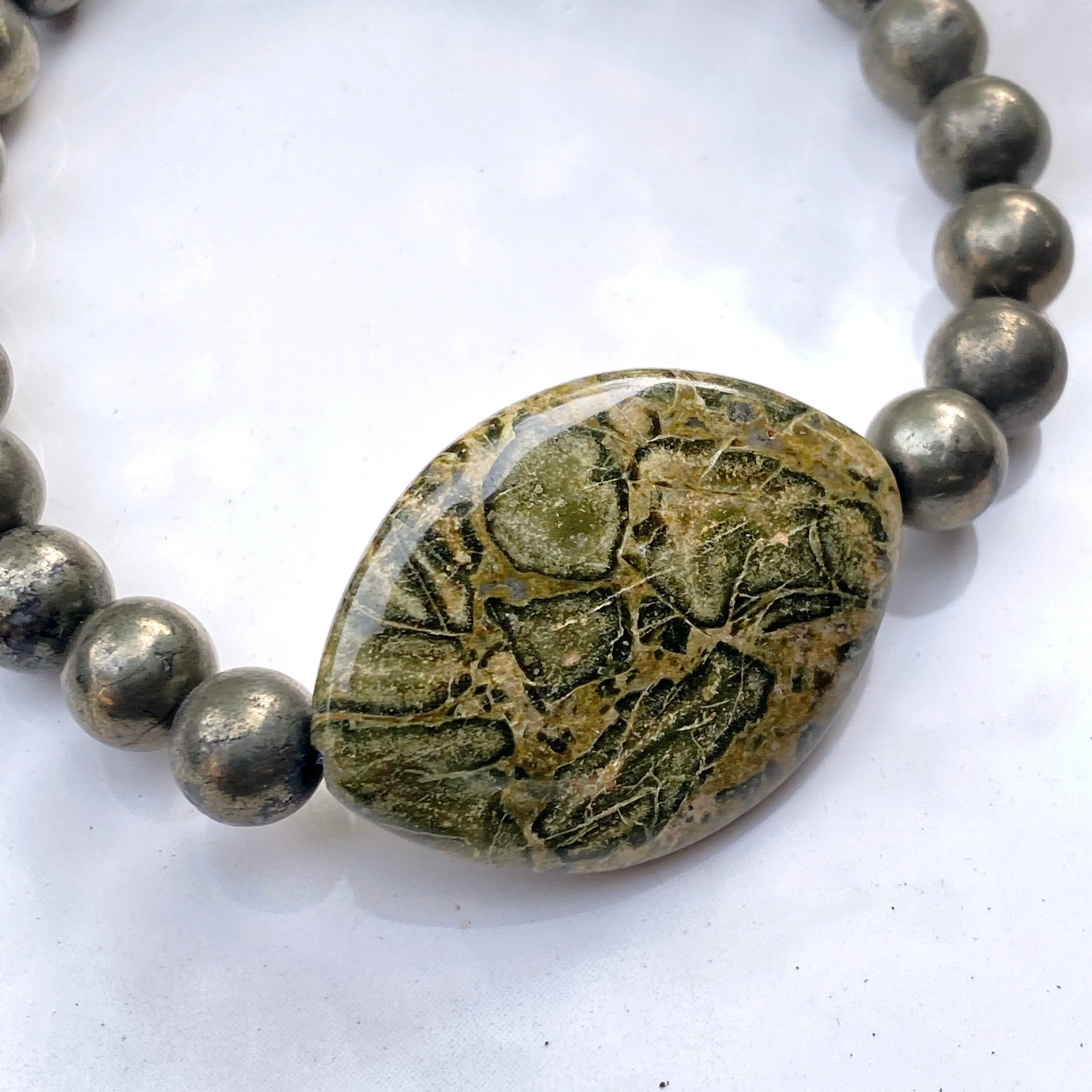 African Green Breciated Jasper Gemstone, Pyrite, Fluorite Stretch Bracelet