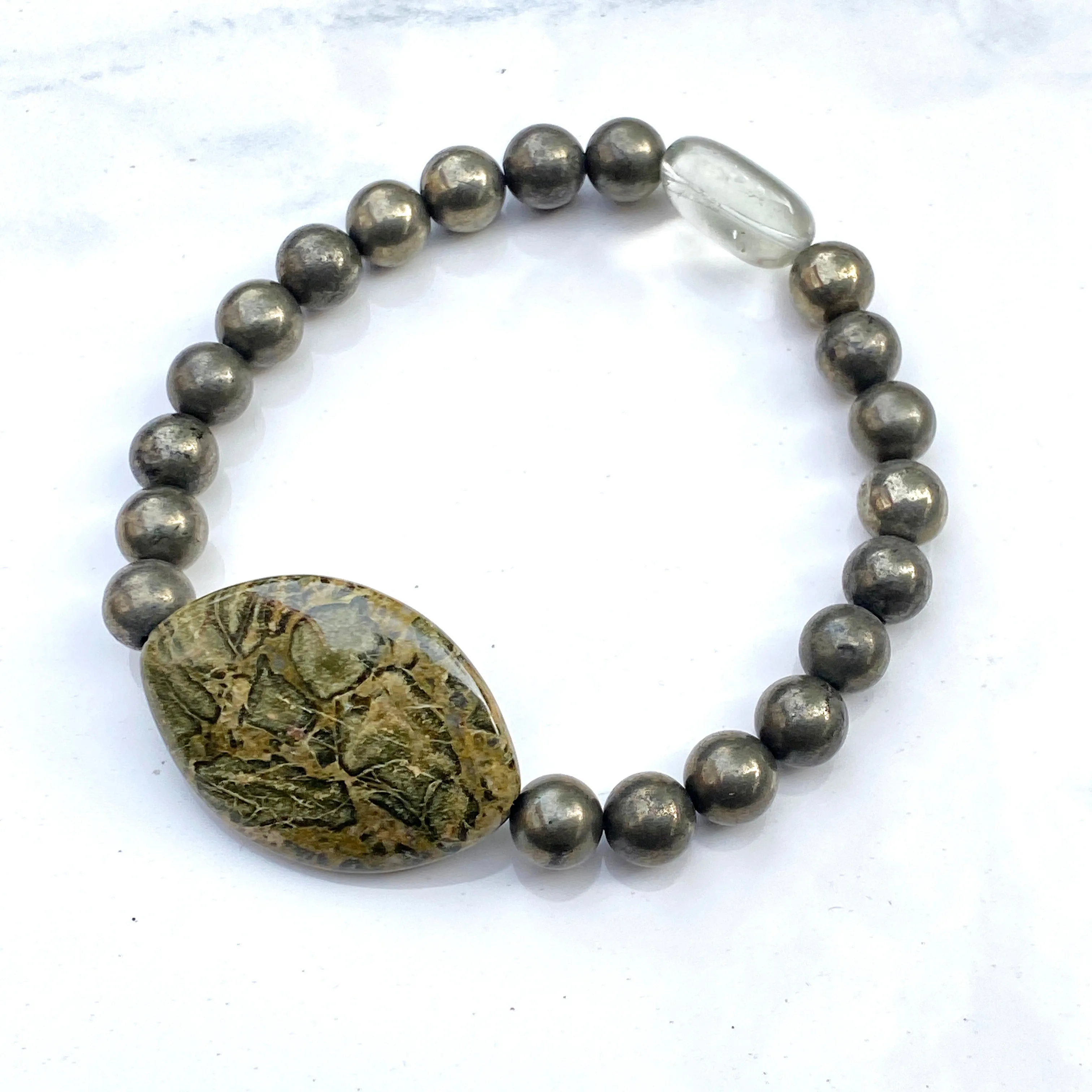 African Green Breciated Jasper Gemstone, Pyrite, Fluorite Stretch Bracelet