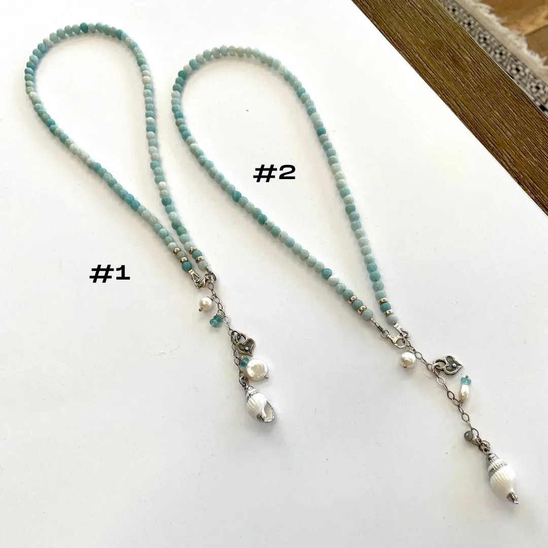 Amazonite Beaded Necklace, Real Sea Shell & Pearl Pendant, Sterling Silver, 16inches