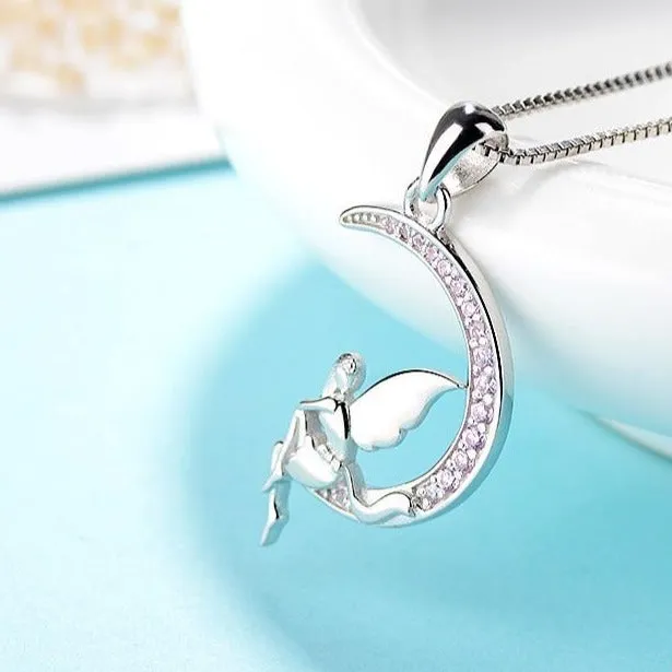 Angel with Back Against the Pink Cubic Zirconia Crescent Moon 925 Sterling Silver Pendant Necklace