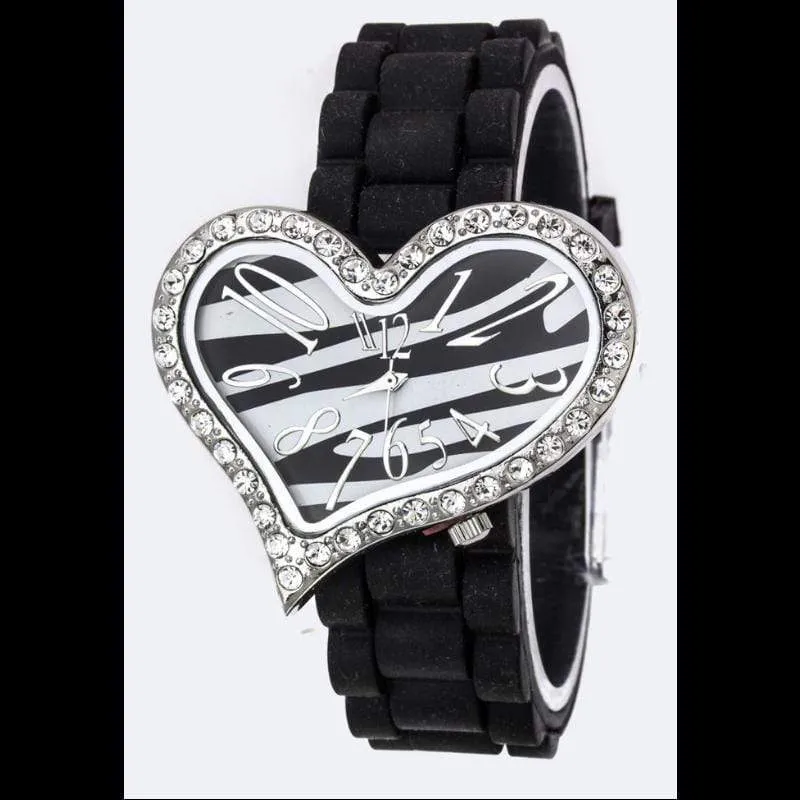 Animal Print Heart Watch Zebra Black