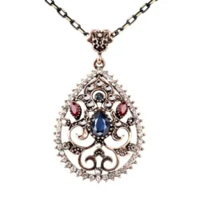 Antique Teardrop Blue Crystal Ornate Pendant Necklace