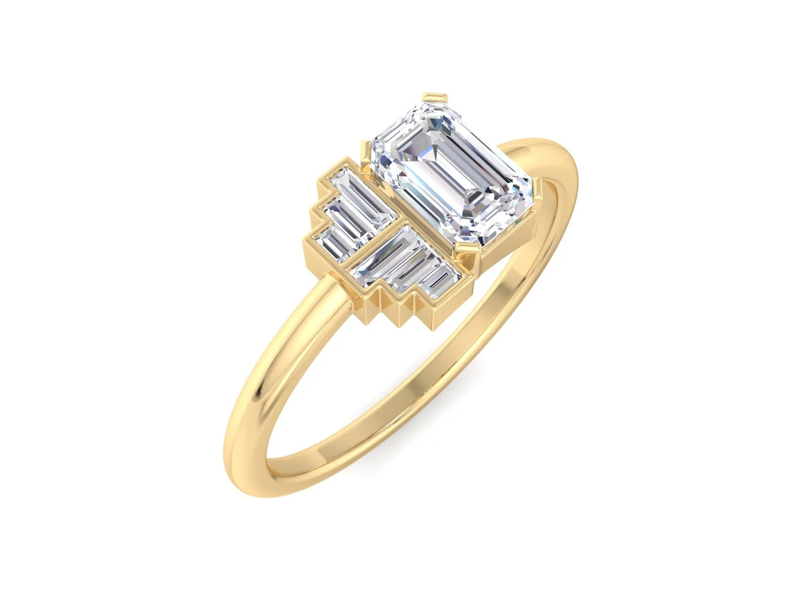 Art Deco Emerald Cut Moissanite Diamond Ring Solid gold cluster engagement ring