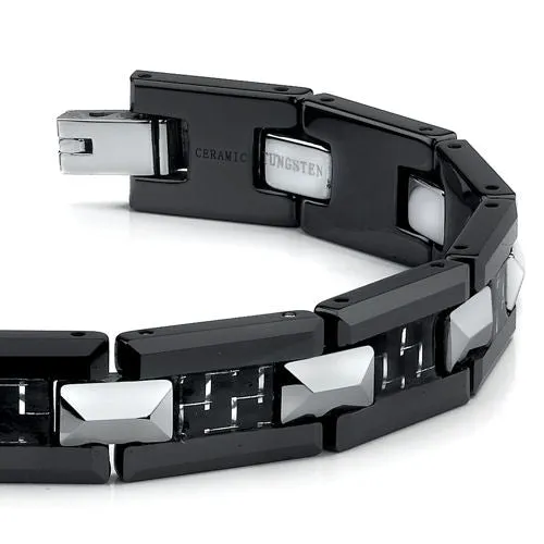 Black Ceramic Tungsten and Carbon Fiber Combination link Bracelet