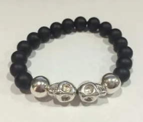 Black Onyx Bead Bracelet with STERLING SILVER Skull Beads- UDINC0440