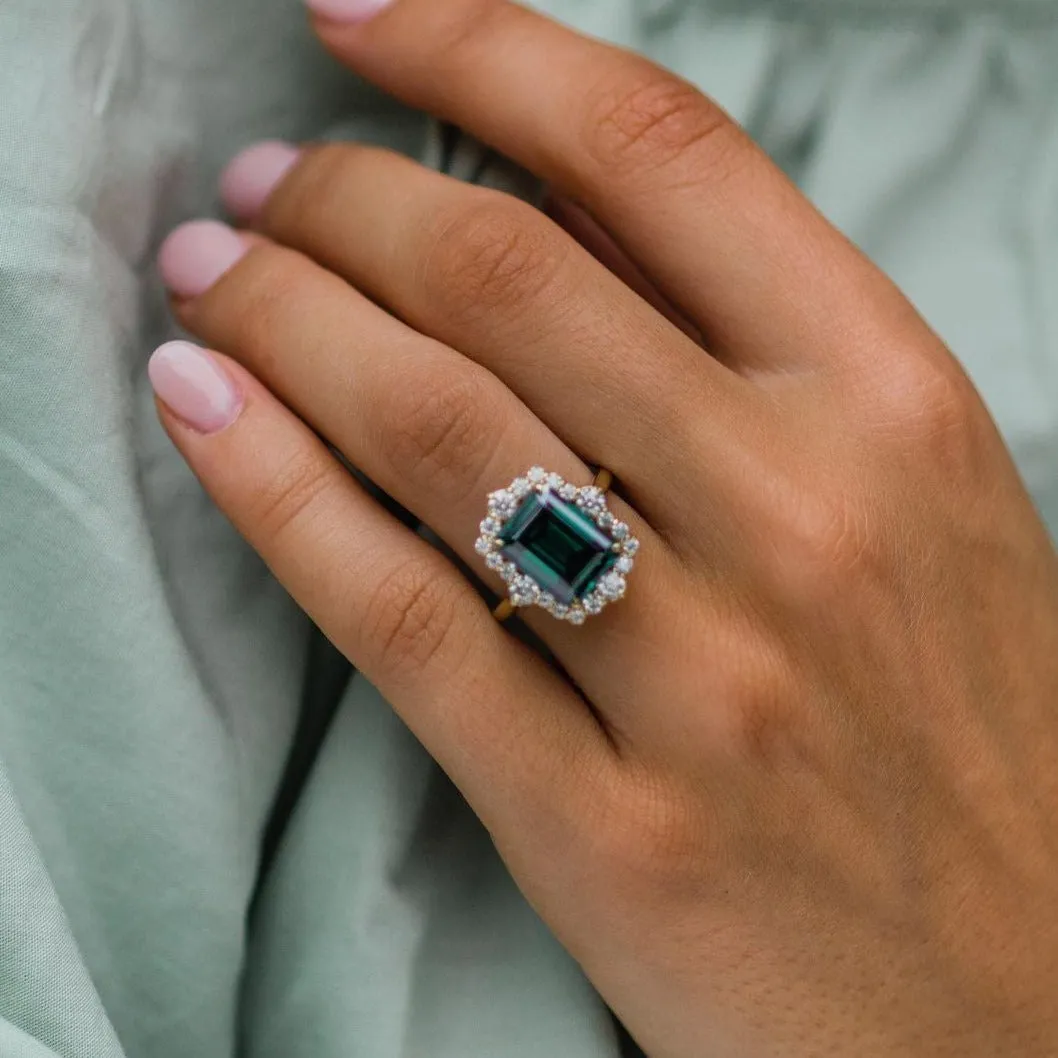 Blue Green Emerald Cut Moissanite Engagement Ring