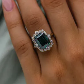 Blue Green Emerald Cut Moissanite Engagement Ring