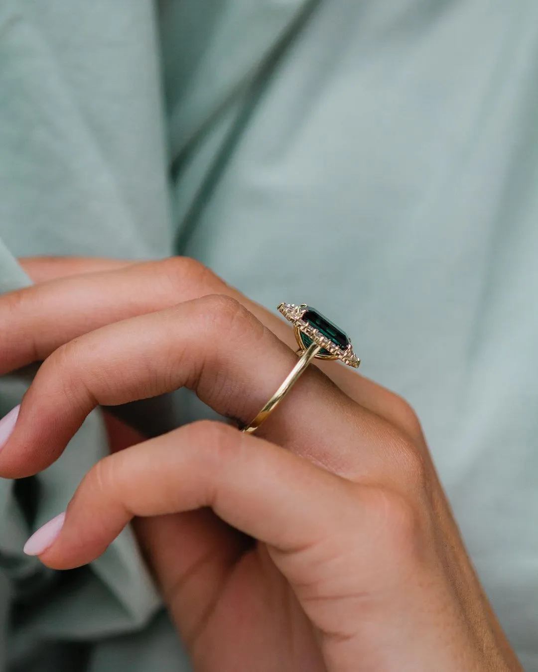 Blue Green Emerald Cut Moissanite Engagement Ring