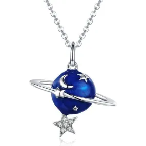 Blue Planet, Star, and Moon 925 Sterling Silver Fashion Pendant Necklace