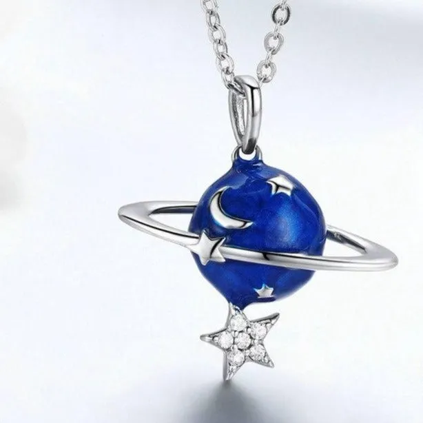 Blue Planet, Star, and Moon 925 Sterling Silver Fashion Pendant Necklace