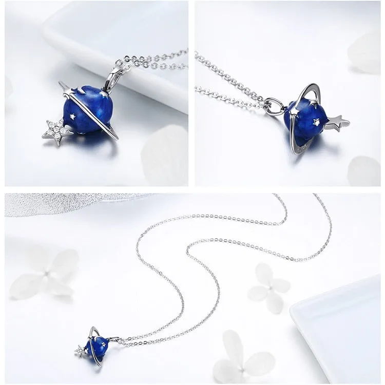 Blue Planet, Star, and Moon 925 Sterling Silver Fashion Pendant Necklace