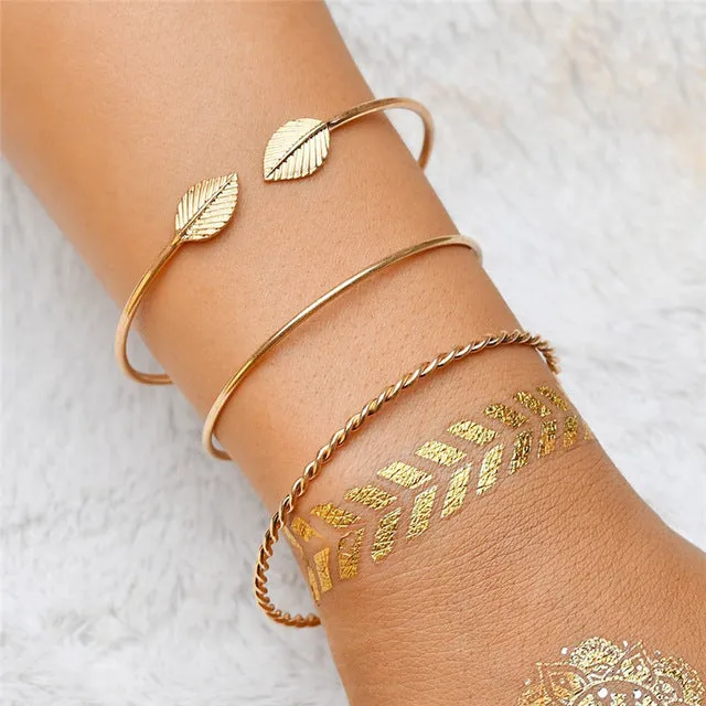 Bohemian Gold 5Pcs/set color Moon Leaf Crystal Opal Open Bracelet Set for Women Punk Boho Beach Bangle Jewelry Gift