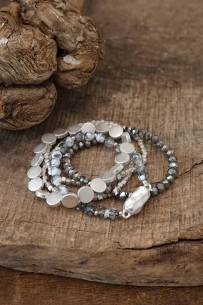 Boho Beaded Bracelets Stack Semi Precious Glass Metal Beads Silver tone nugget flat beads