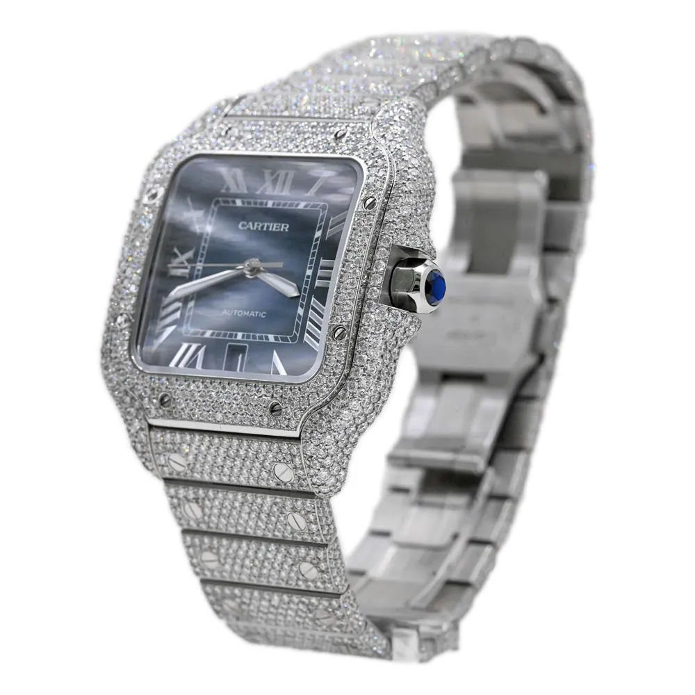 Cartier de Santos 47mm Stainless Steel Case, Blue Gradient Roman Dial, Fully Iced Out Watch Ref: WSSA0030