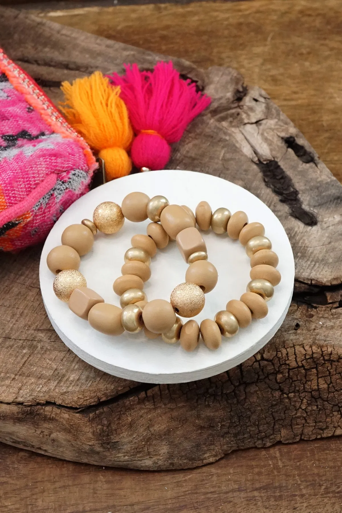 Chunky Beaded Bracelets set in Neutral Wooden and Golden beads