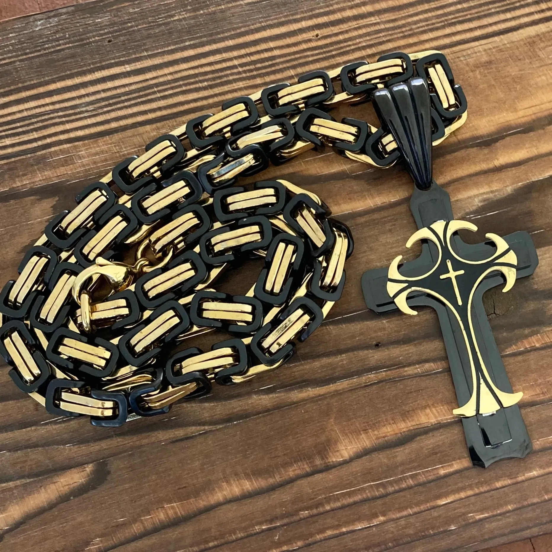 Cross - Risen Cross Black & Gold Pendant - Necklace - PEN820