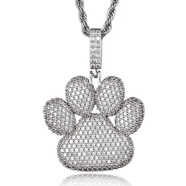 Cubic Zirconia Studded Bear Paw Bling Hip-hop Pendant Necklace