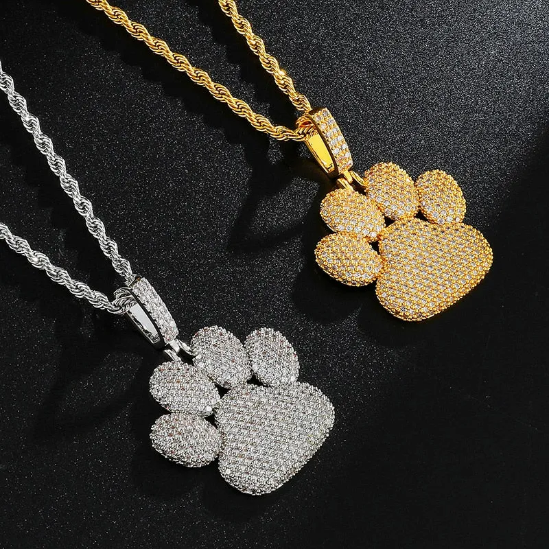 Cubic Zirconia Studded Bear Paw Bling Hip-hop Pendant Necklace