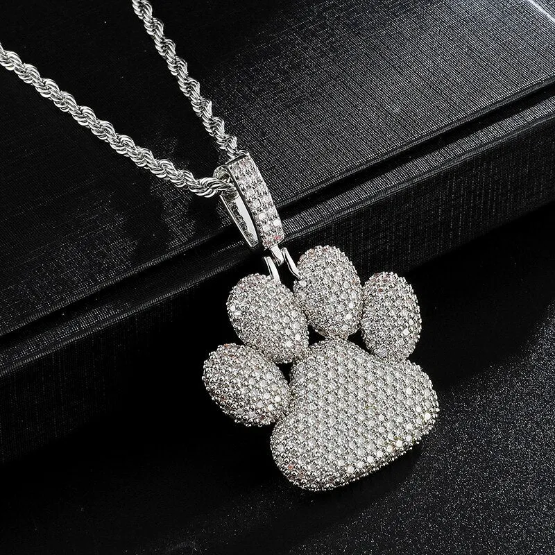 Cubic Zirconia Studded Bear Paw Bling Hip-hop Pendant Necklace