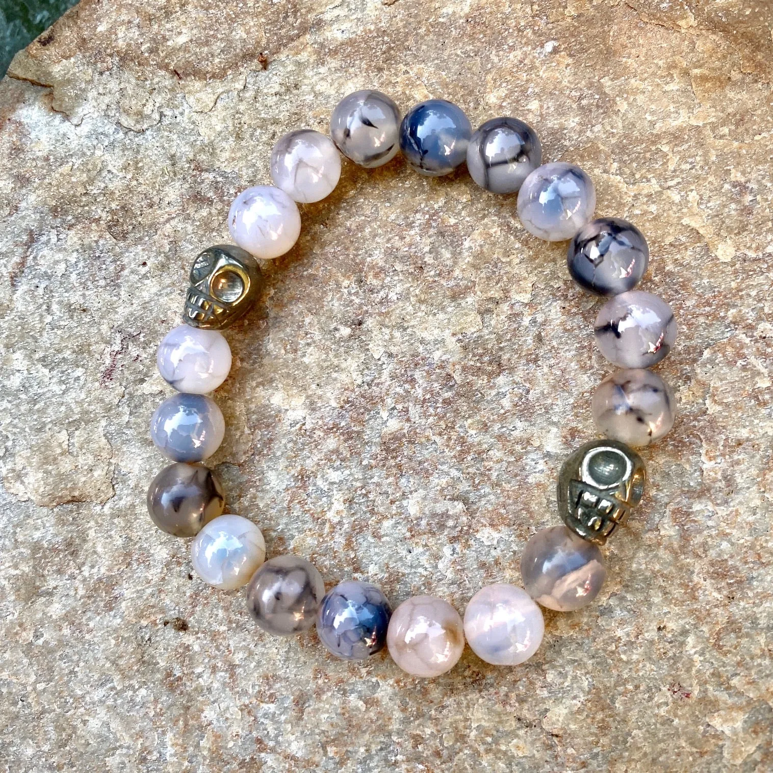 Dragon’s Vein Agate and Pyrite Skulls Stretch Bracelet