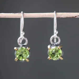 Earrings round faceted peridot in silver bezel and brass prongs setting with sterling silver hooks style