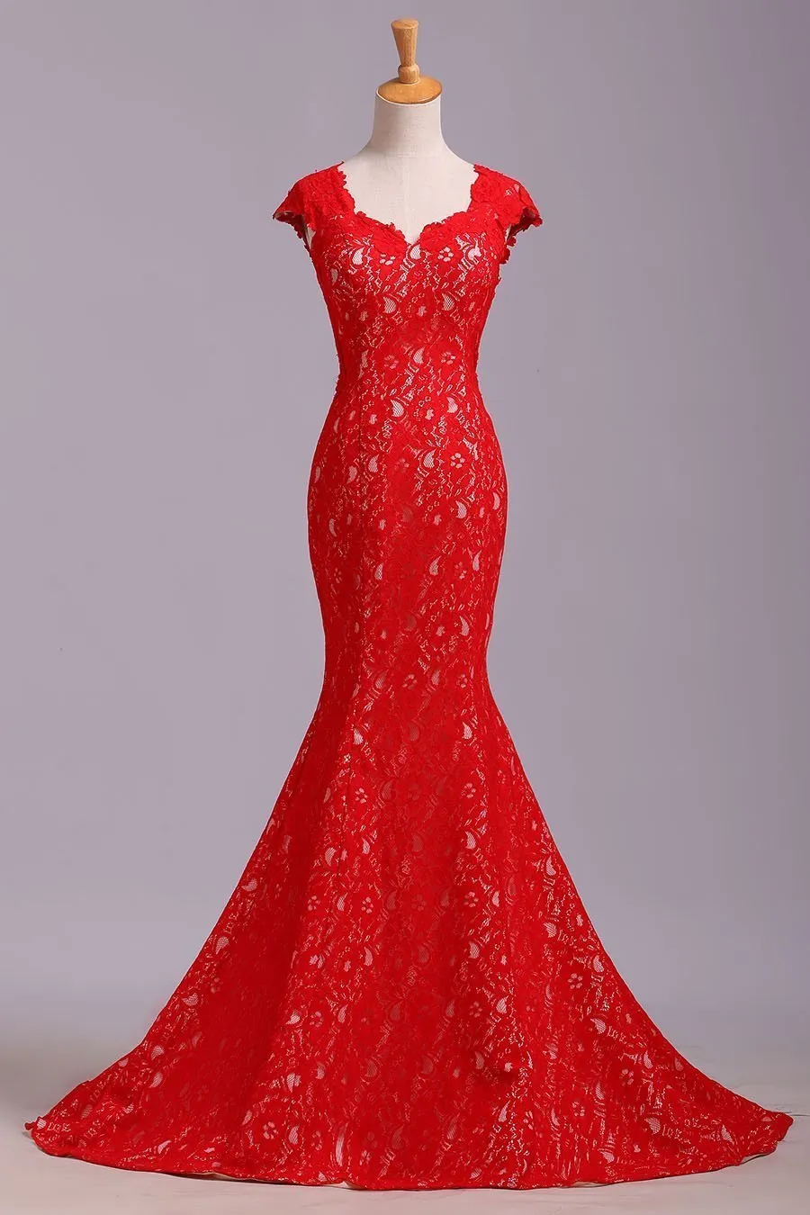 Elegant Red Sweetheart Mermaid Lace Cap Sleeve Open Back Prom Dress Party Dresses