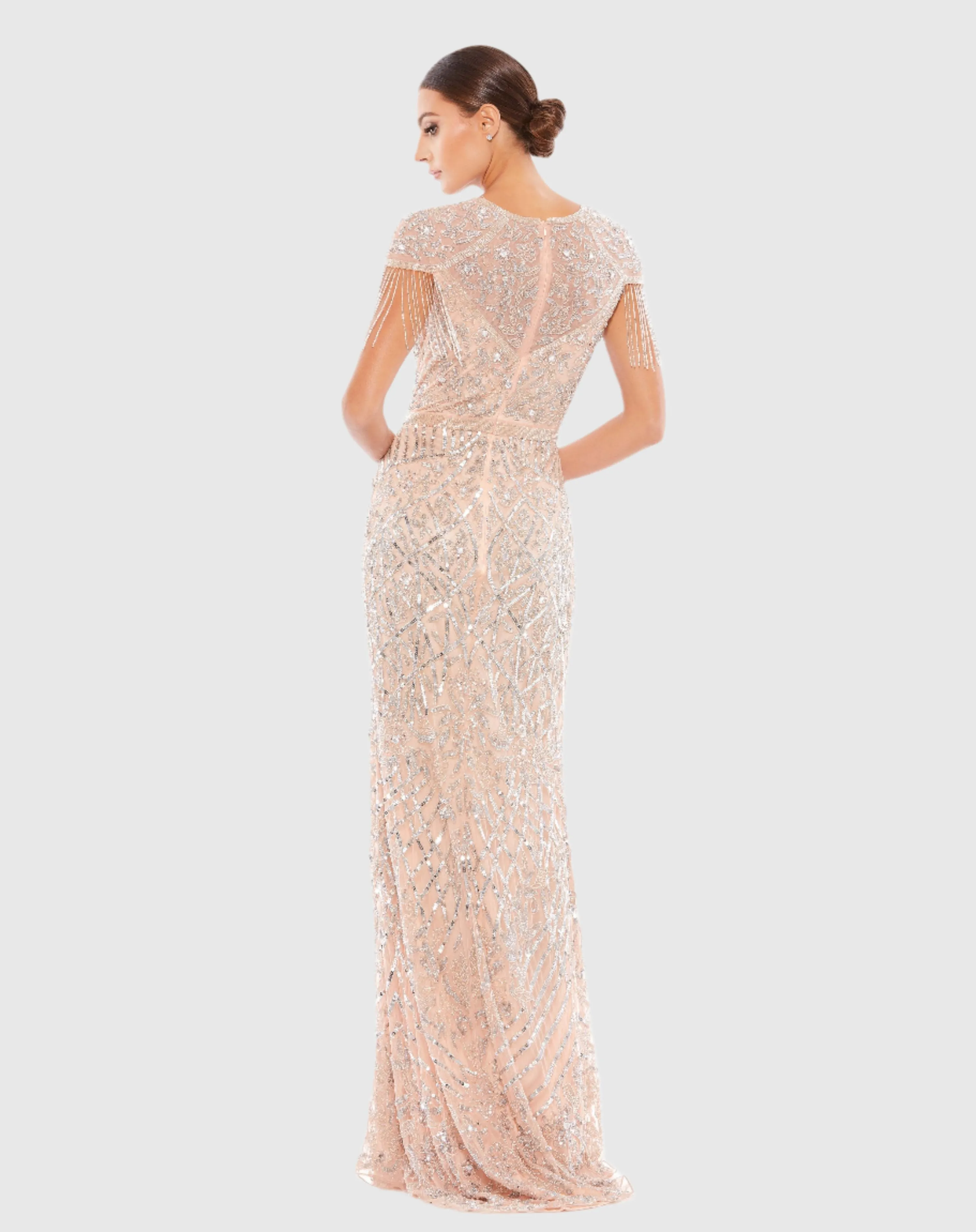 Embellished Fringe Cap Sleeve Trumpet Gown