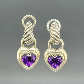 Estate David Yurman SS 14 Amethyst Heart Drop Earrings