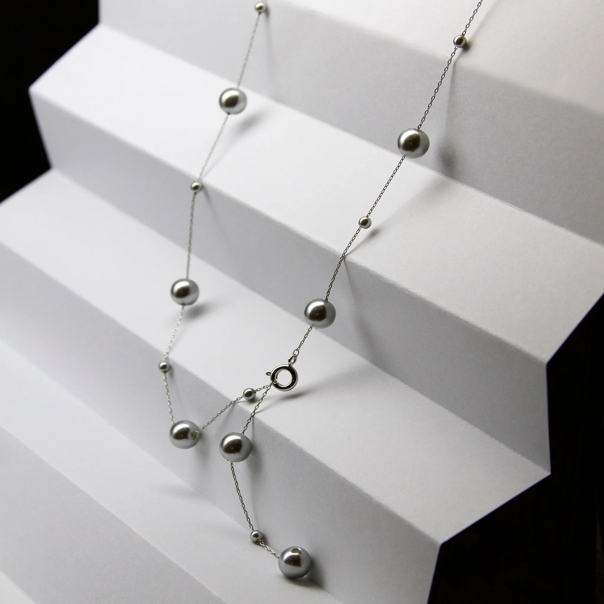 Ethereal Pearl Cascade,Transformative Silver Gray Necklace-i7bags