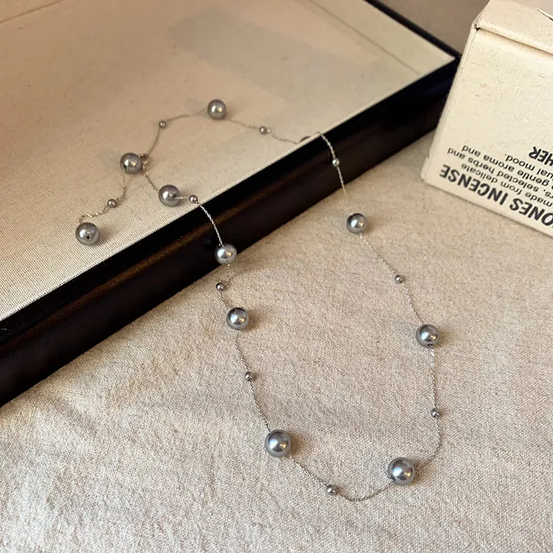 Ethereal Pearl Cascade,Transformative Silver Gray Necklace-i7bags