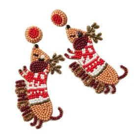 Felt Back Seed Beaded Rudolph Dog Dangle Earrings