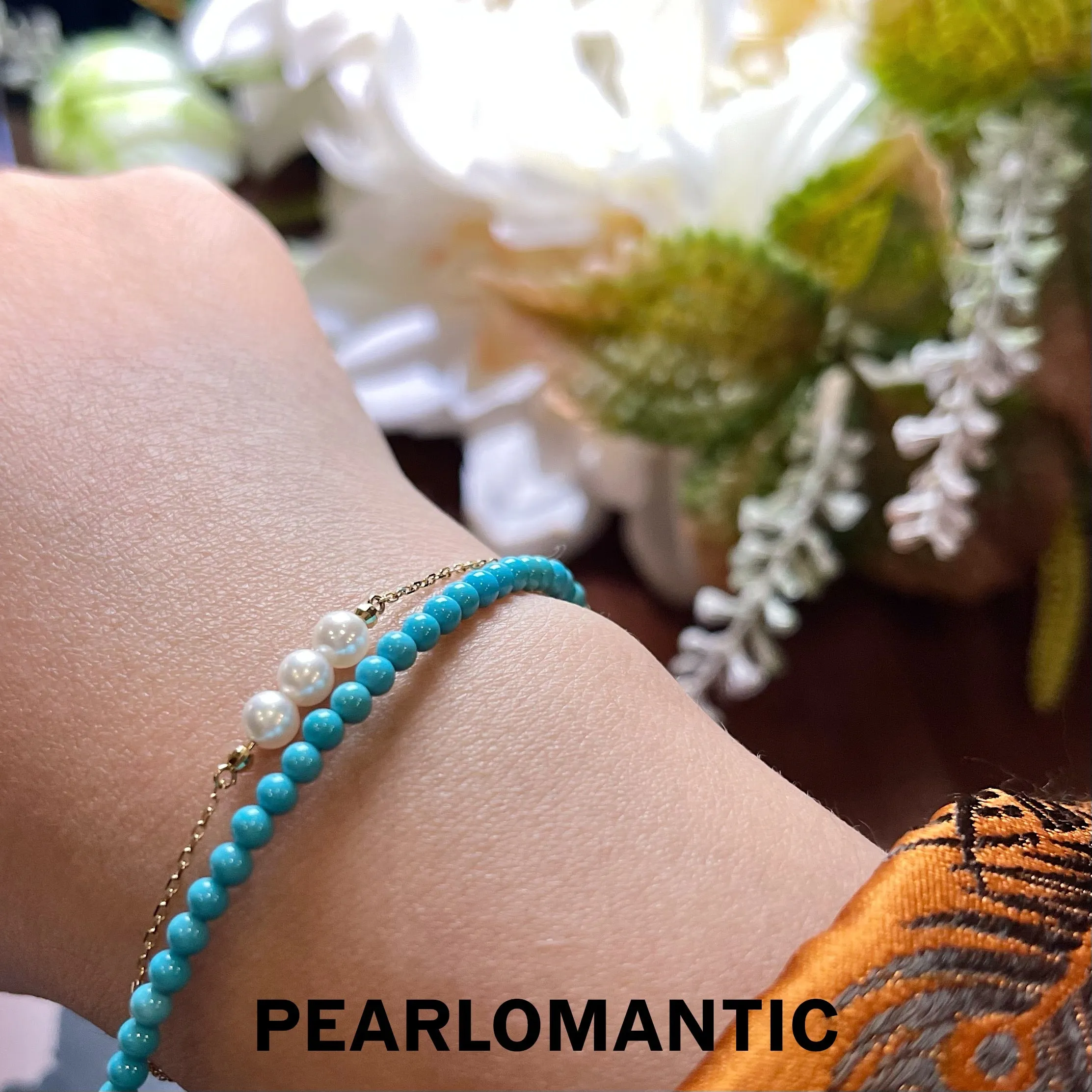 [Fine Jewelry] 18k Gold & Turquoise & Akoya Double-Layer Adjustable Bracelets